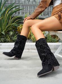Women's Chunky Heel Pointed Toe Ruched Boot Short Boots, Outdoor Vintage Embroidered Western Boots, Autumn/Winter 2025 New Arrival