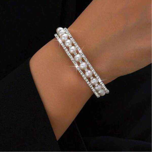1pc Pearl Multi-Layer Bracelet, Wrapped Bracelet, Multi-Row Pearl And Diamond Bracelet, Luxury Jewelry For Wedding Season