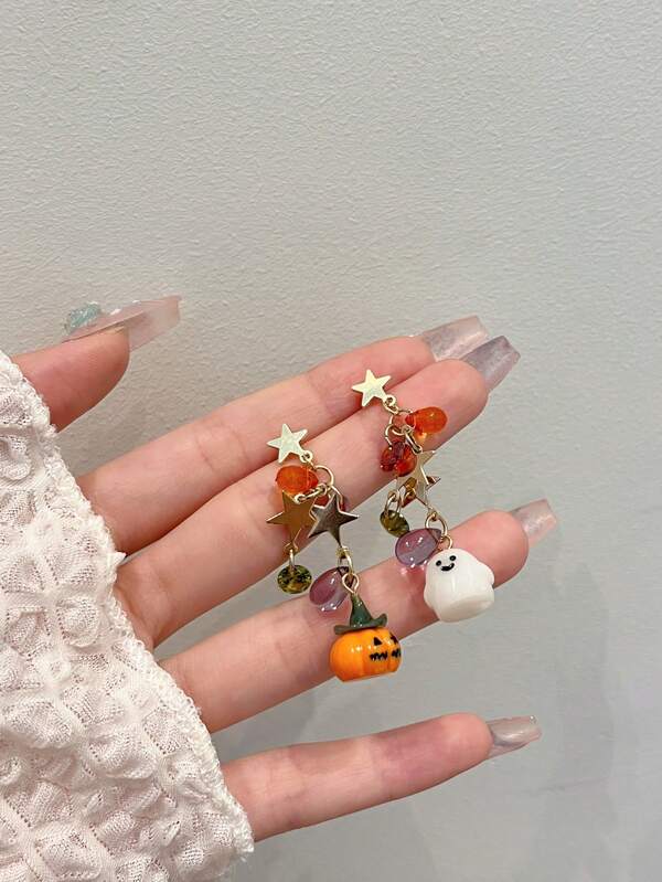 2 PCS Cute Halloween Resin Pumpkin Ghost Asymmetric Star Crystal Drop Earrings For Women Party Wear