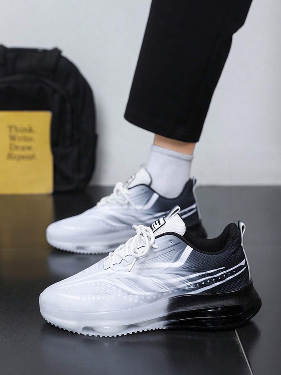 男士休闲运动鞋 - 透气面料鞋面，系带低帮设计，耐用橡胶鞋底适合健身、慢跑和日常穿着 - 时尚百搭步行运动鞋 - 白黑 - 查看 1
