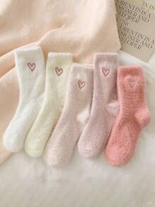 5 paires de chaussettes roses moelleuses pour femmes, chaussettes chaudes en forme de cœur, douces et confortables, convenant à l'automne et à l'hiver, couleurs aléatoires