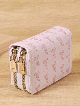 粉色蝴蝶结爱心图案多功能零钱包，双拉链卡夹，多卡位卡片收纳盒，用于存储信用卡，轻巧简约，时尚，现代，商务，周年纪念，圣诞节，情人节，生日礼物，礼物，送给爱人，送给女士，送给女孩，送给女士，送给女性，学校宿舍和返校用的学校用品包