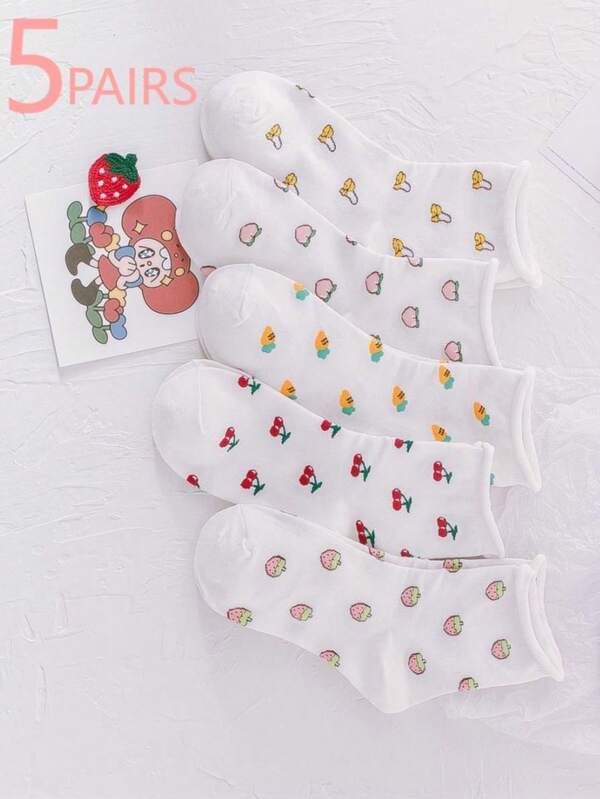 5 Pairs Women's Fruit Pattern Cuffed Crew Socks, Fashionable Fresh And Simple And Cute Minimalist Design