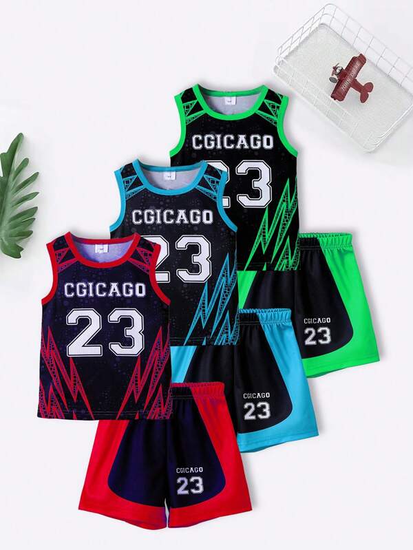 6pcs/Set Boys Casual "CGICAGO" Letter & Number 23, Lightning Print Tank Top Matched With "CGICACGO" Letter & Number 23 Print Shorts Outdoor Suit, Spring/Summer