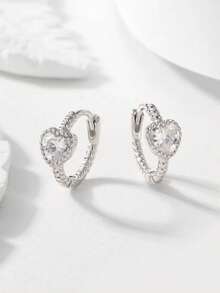 1 对 925 银方晶锆石心形环状耳环，简约优雅的设计，适合度假、约会、日常佩戴、节日及女士礼物 - 白色 - 查看 1