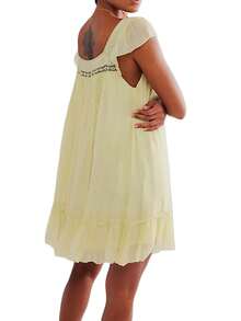 Women Lace Trim Mini Dress Ruffle Flowy Babydoll Dress Spaghetti Strap Loose Sundress Boho Going Out Dresses - 黃色 - 查看 4