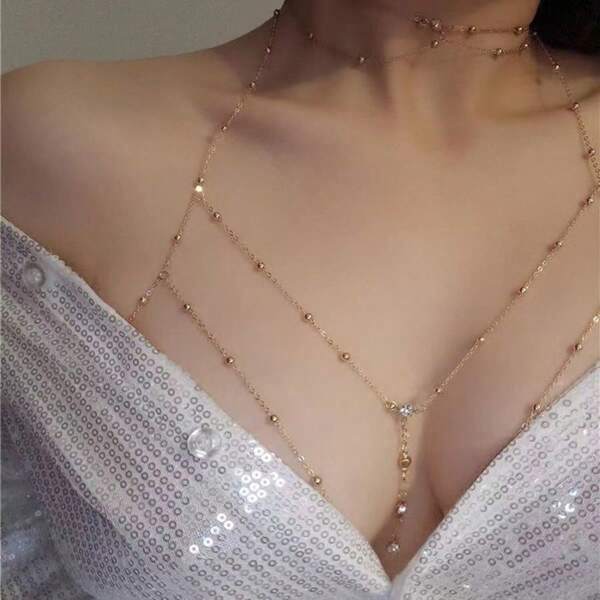 1 pieza Collar con cadena de cuentas de strass de moda, cadena corporal exagerada de estilo europeo y americano, diseño creativo