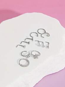 DareSee 12PCS 20G Stainless Steel Nose Rings Hoop For Women Paved CZ Flower Nose Piercing Jewelry L Shaped Nose Ring Stud Set Valentines Music Fest Y2KFest Autumn Winter Gifts - Style 1 - View 1