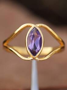 1 件优雅紫色方晶锆石十字交叉戒指，适合女性、婚礼、订婚、情人节礼物 - 金色 - 查看 7