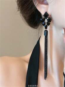 Elegant Black Rhinestone Tassel Chain Drop Earrings, Luxury Minimalist Long Earrings, Versatile