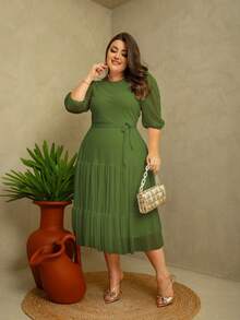 Plain Tulle Godet Dress With Belt 3/4 Sleeve Conservative/Modest Elegant Evangelical Church Fashion Santa Modas - 苔蘚 - 查看 8