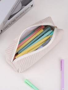 1个灯芯绒铅笔袋，大容量软拉链铅笔袋，化妆包，学校和办公桌文具收纳袋，创意礼物，适合感恩节、圣诞节、生日、万圣节装饰、返校季、铅笔盒、背包 - 粗條紋 - 查看 3