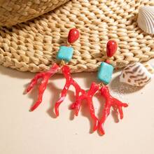 1 par de brincos com pingente de coral acrílico em estilo boêmio com decoração turquesa, joias geométricas da moda para mulheres