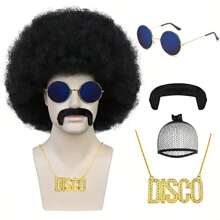 Ensemble de costume disco des années 70/80 pour hommes en 5 pièces - Perruque afro bouclée, lunettes de mode bleues, collier pendentif doré "Disco", chapeau en filet élastique et barbe - Convient pour les fêtes, les jeux de rôle et la décoration d'Halloween