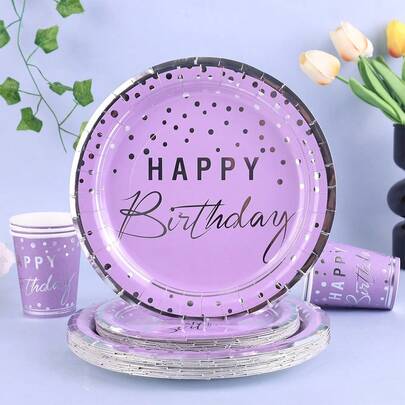 10pcs/20pcs/30pcs/60pcs/Set, Purple And Silver Birthday Plates And Napkins Party Tableware Set, 9'7' Disposable Plates, Dessert Plates, Cold Drink And Coffee Cups, Birthday Themed Napkins, Paper Plate Party Table Decorations With Happy Birthday,