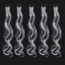 5/10 piezas Extensiones de pelo blancas con clips, 20 pulgadas de largo, rizado y ondulado, extensiones sintéticas con clips para Halloween, cosplay, fiesta de disfraces, Navidad, Año Nuevo, regalo para mujeres y niñas (blanco y negro) - Blanco - Ver 11