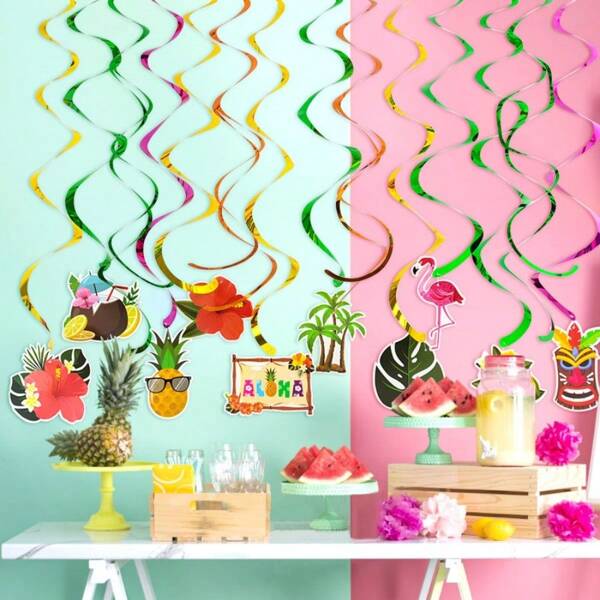 1set Hawaiian Theme Decoration Hibiscus Rosa-Sinensis Coconut Flamingo Cake Topper Spiral Pendant Summer Birthday Party Decor Supply
