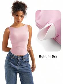 SUUKSESS Women Padded Open Back Boat Neck Tank Tops Double Lined Basic Shirts Halloween Christmas New Year - Pink - View 2