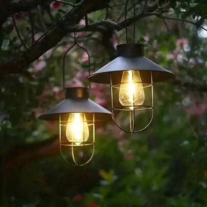 1pc Solar Powered Wrought Iron Pendant Light, Garden Landscape Lamp, Yard Balcony Decorative Chandelier, Solar Powered Courtyard Decorative Art