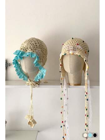 1 件手工钩针蕾丝边针织帽，适合女士，波西米亚流苏串珠镂空蕾丝帽檐帽，轻便，适合春夏季