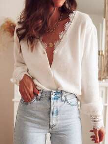 Women's V-Neck Long Sleeve Pullover Sweater, Delicate Contrast Lace And Button Front, Regular Length, Elegant Minimalist Casual Style, Suitable For Daily Wear, Autumn/Winter Knitwear - White - View 5