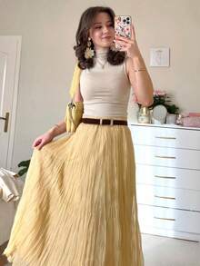 Women's Elegant High-Waisted Pleated Maxi Skirt, Solid Color, Suitable For Autumn Daily Wear And Back To School Season - Yellow - View 1
