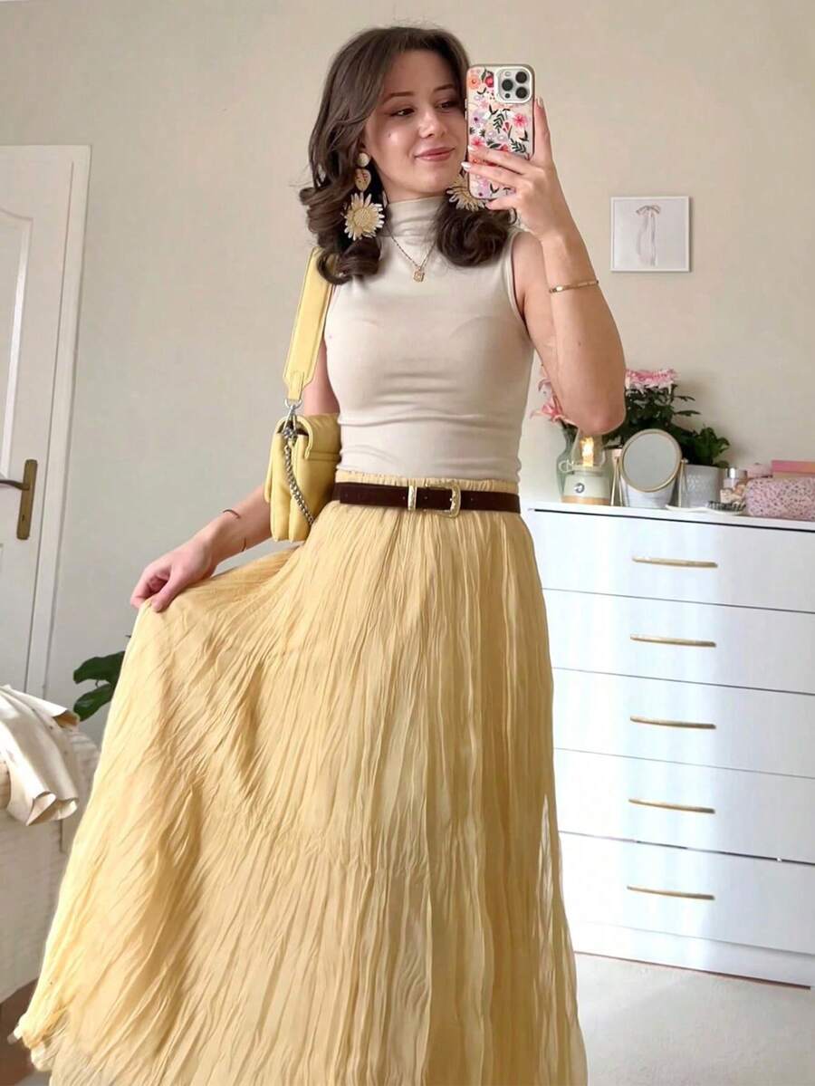 Women's Elegant High-Waisted Pleated Maxi Skirt, Solid Color, Suitable For Autumn Daily Wear And Back To School Season - Yellow - View 1