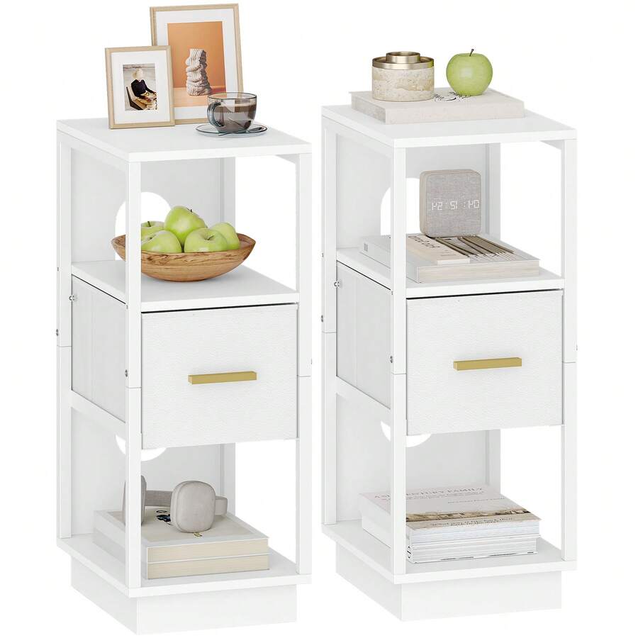 Hzuaneri Bedside Table With Open Compartment, Narrow Bedside Table With 1 Fabric Drawer, Modern, For Bedroom, Living Room, 30 X 24 X 60 Cm, White - White - View 1