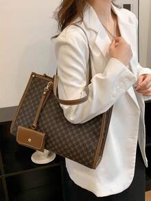 Large Capacity Patterned Tote Bag With Small Pouch Included - Brown - View 5