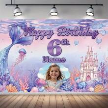1pc Customizable Portrait Age Name Birthday Party Banner, Polyester Fiber, Purple Underwater Mermaid Theme Photography Background For Birthday Cake Table, Home Wall, Outdoor Decoration