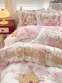 四件套蝴蝶结、爱心、格子、花朵、泰迪熊印花双面柔软磨毛床品套装（1件被套+1件床单+2件枕套），亲肤芦荟印花床品套装，适合儿童、幼儿、婴儿房、宿舍使用。 - 愛心蘿莉熊 - 查看 10