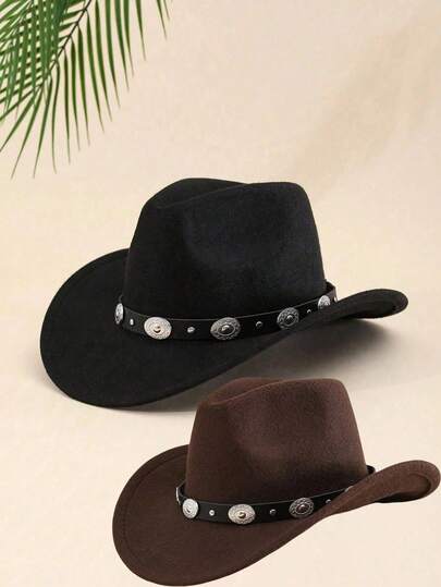 1pc Women's Polyester Western Cowboy Hat, Unisex Retro Style Hat With Silver Round Decoration, Suitable For Casual Wear, Western Cowboy Party, Bar Cowboy Outfit (One Size)