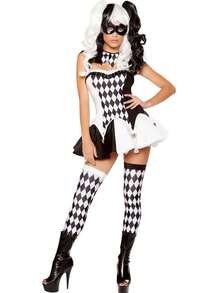 Women's Black White Diamond Harlequin Clown Costume, Circus Jester Outfit Set With Mask & Stockings For Halloween, Cosplay, Masquerade, Themed Party - 黑色 - 查看 1