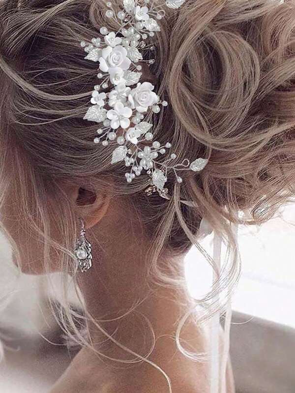 Exquisite Handmade White Soft Ceramic Flower Silver Metal Leaf Bridal Wedding Headpiece Hair Accessories