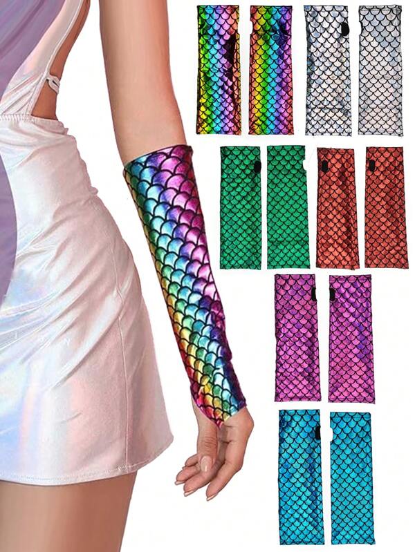 D EXCEED 1/2/3 Paar glänzende Meerjungfrauenschuppen Handschuhe Fischschuppen Armstulpen Rave Party Handschuhe Hologramm fingerlose Handschuhe Halloween Cosplay Kostüm Accessoires Schillernd