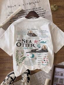 Vintage Sea Otter Biological Print Casual Round Neck Short Sleeve T-Shirt