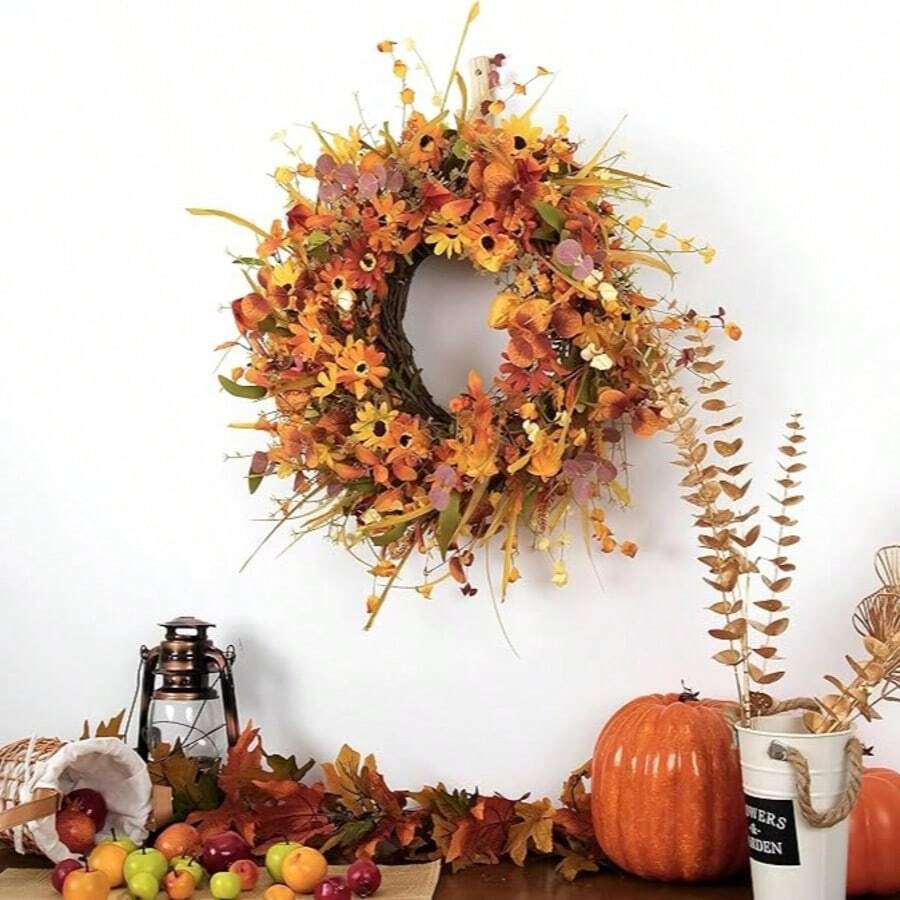 24-26 Inch Large Fall Wreath For Front Door Wreath Decoration, Orange Grey Fall Wreath With Sunflowers, Fall Door Wreath With Daisies, Farmhouse Fall Wreath For Thanksgiving Harvest, Outdoor Indoor, Fall Harvest Wreath Decoration, Wreath Decoration