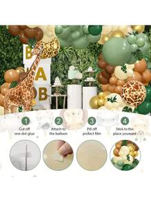 142pcs Jungle Theme Balloon Arch Kit, Green & Brown Balloons With Animal Print, Palm Leaves, For Tropical Birthday Party, Baby Shower Decoration