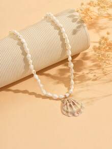 1pc Natural Seashell Beaded Necklace, Handmade Seashell Pendant Choker, Fashion Ocean Style Jewelry For Women, Suitable For Vacation, Party And Daily Matching, The Pattern And Size Of Natural Seashells Are Randomly Distributed - Multicolor - View 3