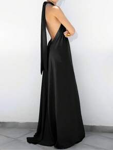 Women's Summer O-Ring Criss Cross Sleeveless Self-Tie Halter Backless Maxi Long Beach Dress - Black - View 2