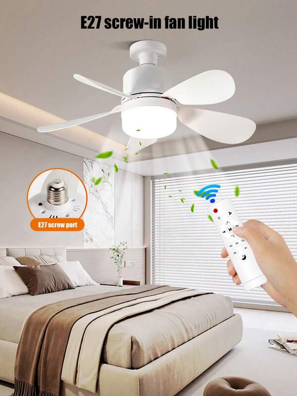 1 PIEZA Ventilador de techo con iluminación LED blanco, diseño de 5 aspas, equipado con bombilla E27, compatible con ajuste de brillo de iluminación y velocidad del viento, adecuado para salas de estar, dormitorios, oficinas, cocinas, restaurantes y otros espacios.