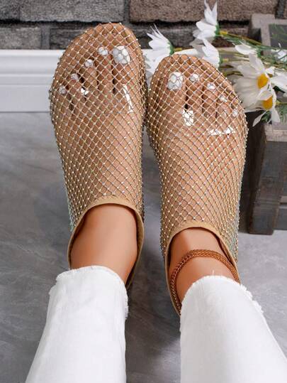 Women's Flat Sandals, Fashion Round Toe, Rhinestone Hollow-Out Breathable Versatile, Niche Design Low-Key Sparkling Rhinestone Decor, Elegant For Wedding, Party, Outdoor, Beach, Summer