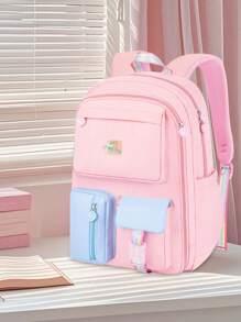 1 pieza Mochila con bloques de color adorable de dopamina (con colgante adorable), mochila grande para niñas, material de poliéster, cierre con cremallera, adecuada para la escuela, el trabajo, el viaje diario, de vuelta a la escuela como regalo