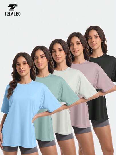 TELALEO 5 paquetes de camisetas holgadas para entrenamiento para mujeres, camisetas de manga corta talla grande sueltas para gimnasio y atletismo