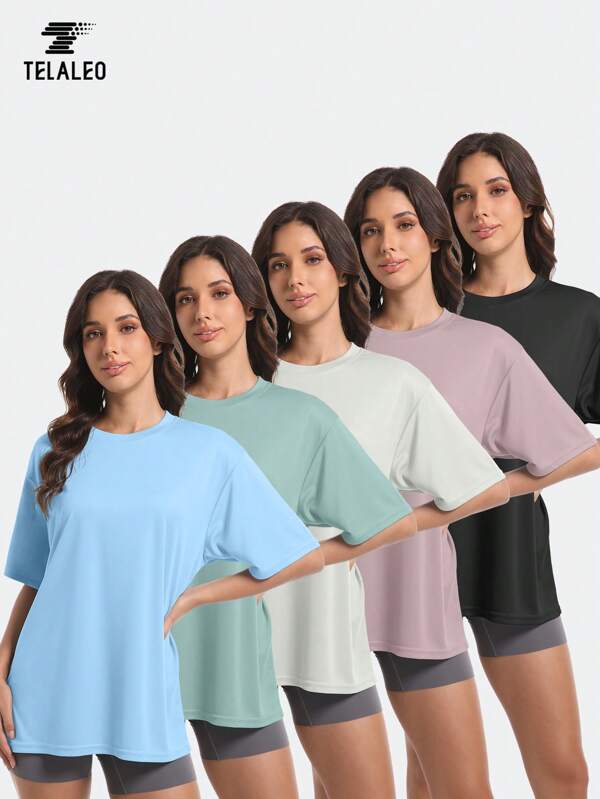 TELALEO 5 Packs Workout Oversized T Shirts For Women, Short Sleeve Plus Size Baggy Athletic Gym Shirts Tops Tees