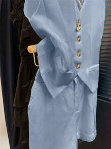 Conjunto de chaqueta y pantalones cortos de lino sin mangas informal/de verano para mujer