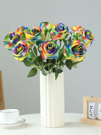 人造花彩虹玫瑰丝花假长茎人造彩色玫瑰花圣诞节家居婚礼浴室厨房装饰