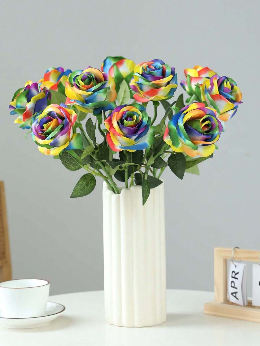 Artificial Flowers Rainbow Roses Silk Flowers Fake Long Stem Artificial Colorful Roses For Christmas Home Wedding Bathroom Kitchen Decorations