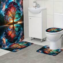 [Dusch-Set] 1/4 Stück Duschvorhang Set mit Lebensbaum Muster, mit 12 Haken, Duschvorhang, rutschfeste Badematte, U-förmige Toilettenvorlage, Toilette-Sitzabdeckung, Schlafzimmer Dekoration, Wohndekoration, Badezimmer Dekoration, Accessoires, Geschenk für Feiertage und Schulanfang