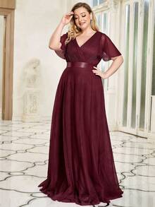 优雅雪纺褶皱高腰酒红色伴娘礼服，适合秋季婚礼等正式场合，也可作为新娘母亲礼服穿着。 - 酒紅色 - 查看 5